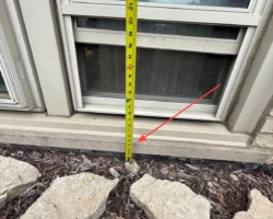Exterior window with its trim nearly touching the soil and mulch below